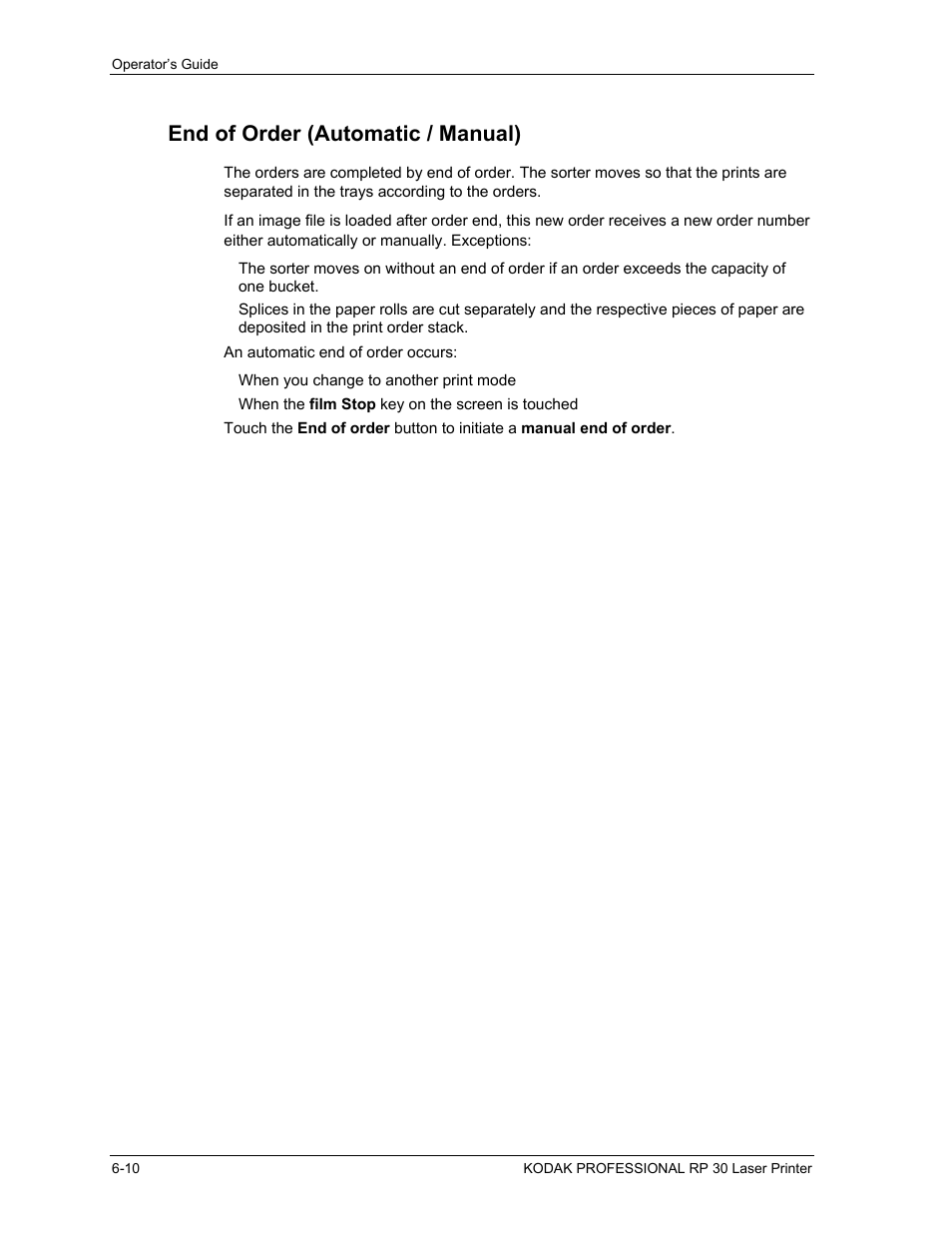 End of order (automatic / manual), End of order (automatic / manual) -10 | Kodak RP 30 User Manual | Page 154 / 235