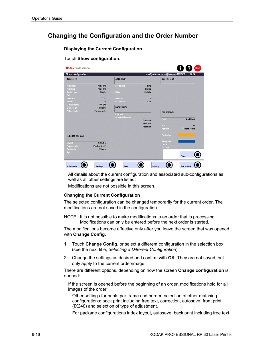 Changing the configuration and the order number, Displaying the current configuration, Changing the current configuration | Displaying the current configuration -16, Changing the current configuration -16 | Kodak RP 30 User Manual | Page 160 / 235