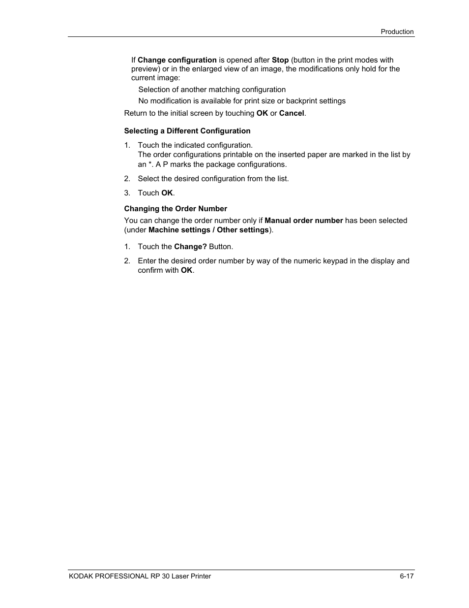 Selecting a different configuration, Changing the order number, Selecting a different configuration -17 | Changing the order number -17 | Kodak RP 30 User Manual | Page 161 / 235