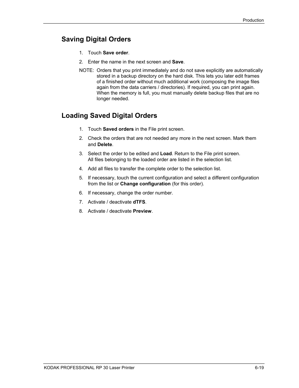 Saving digital orders, Loading saved digital orders, Saving digital orders -19 | Loading saved digital orders -19 | Kodak RP 30 User Manual | Page 163 / 235