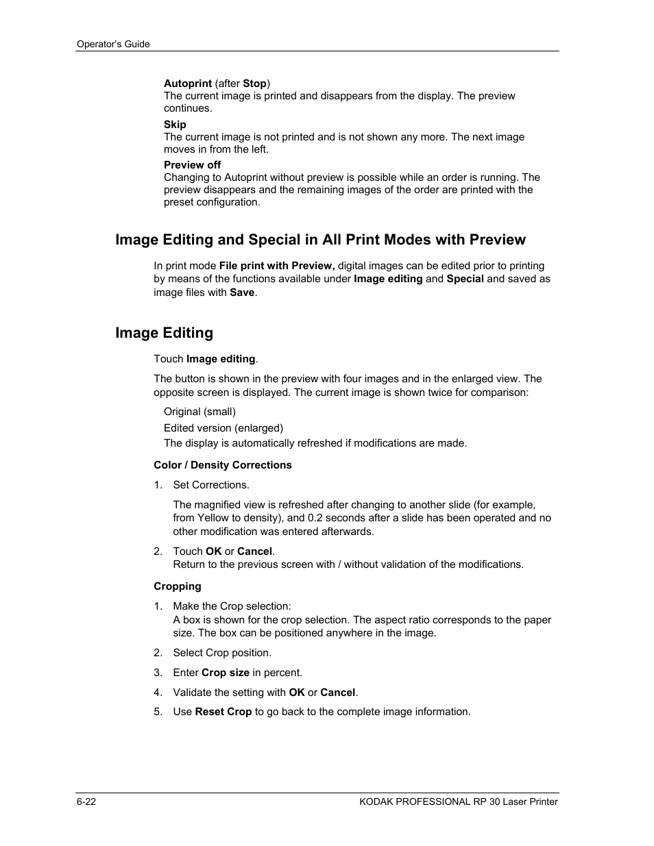 Image editing, Color / density corrections, Cropping | Image editing -22, Color / density corrections -22, Cropping -22 | Kodak RP 30 User Manual | Page 166 / 235
