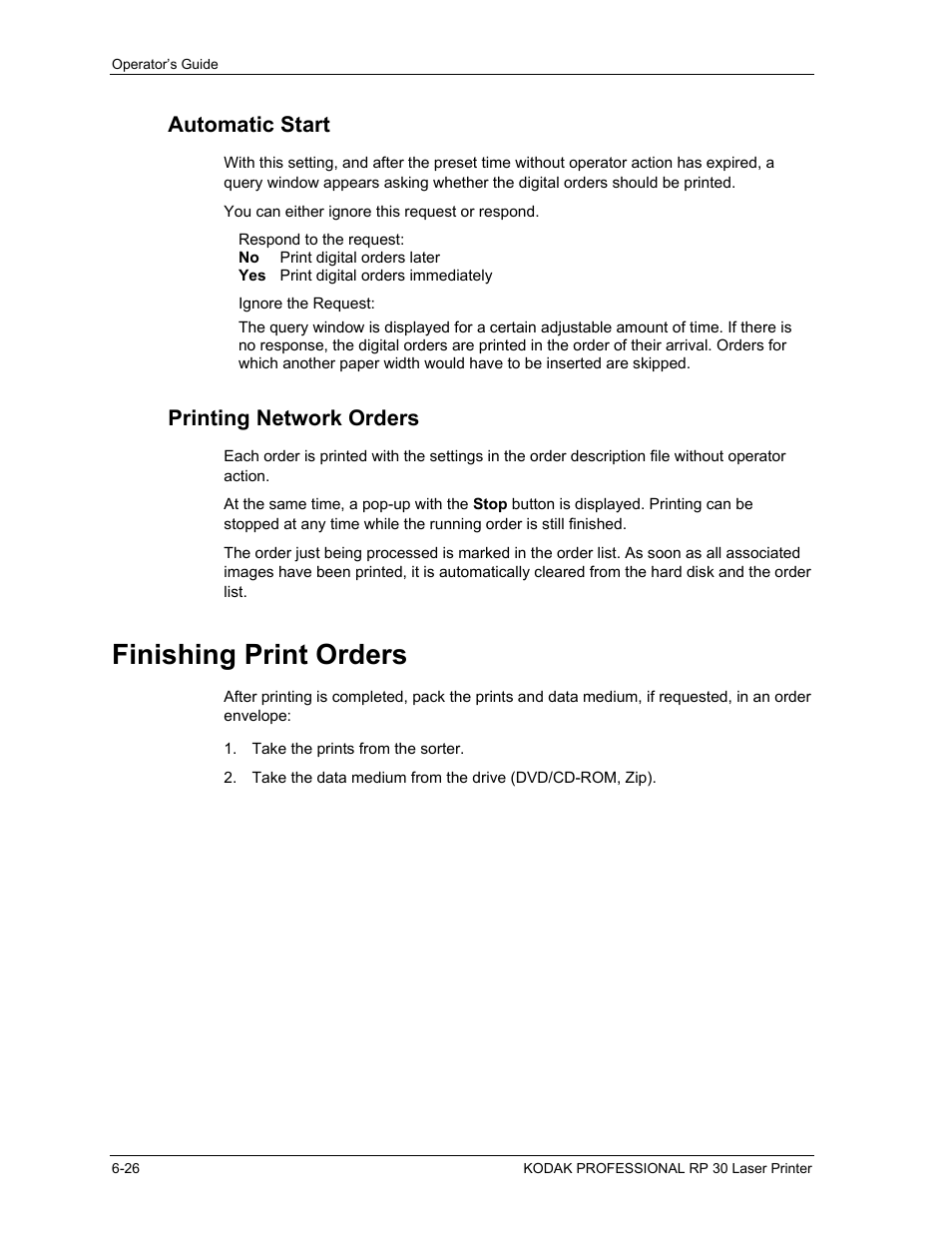 Automatic start, Printing network orders, Finishing print orders | Automatic start -26, Printing network orders -26, Finishing print orders -26 | Kodak RP 30 User Manual | Page 170 / 235