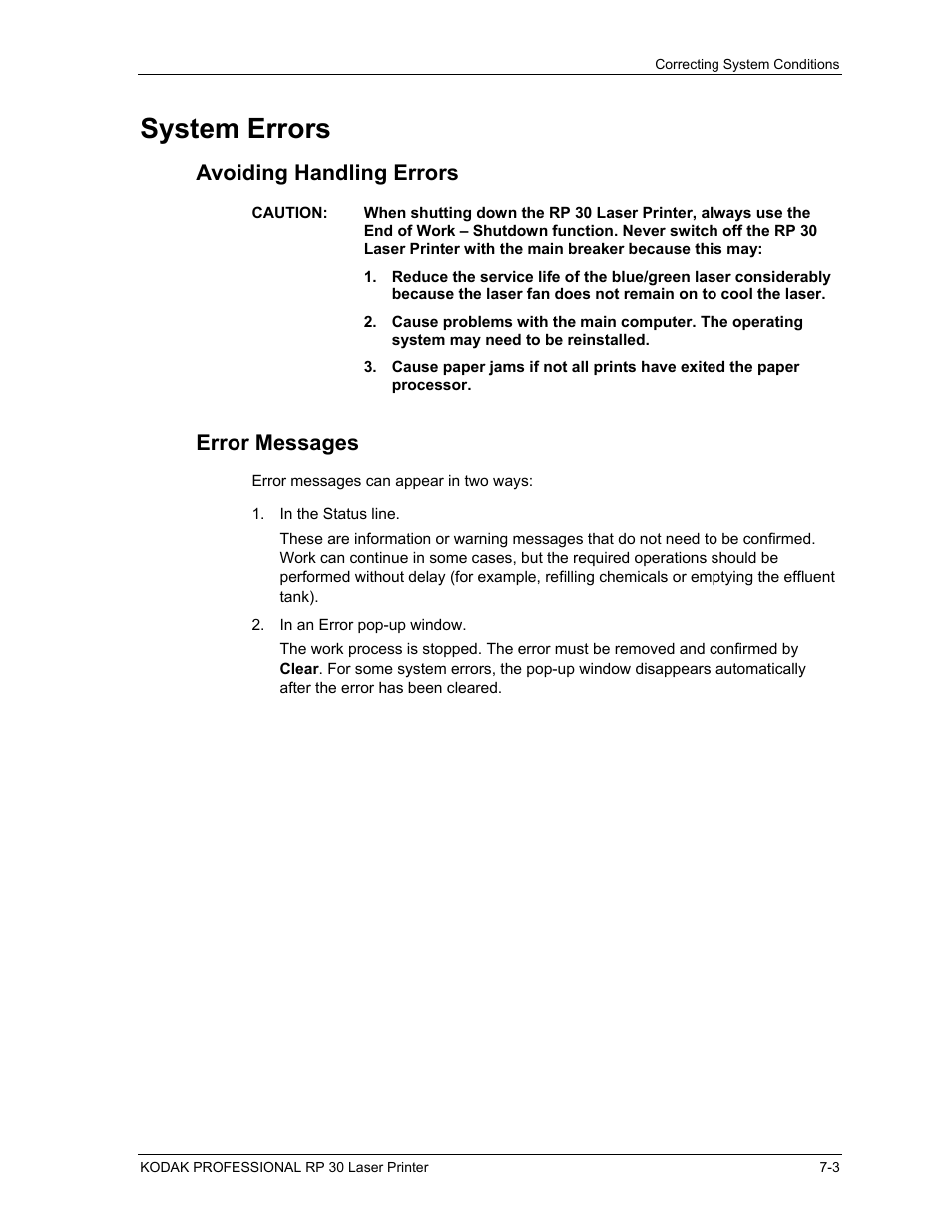 System errors, Avoiding handling errors, Error messages | System errors -3, Error messages -3 | Kodak RP 30 User Manual | Page 173 / 235