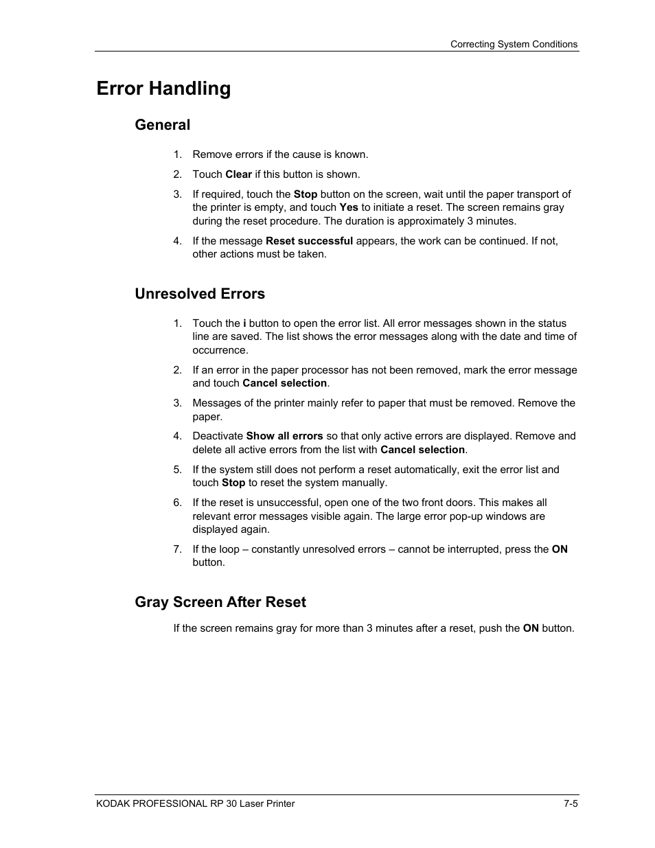 Error handling, General, Unresolved errors | Gray screen after reset, Error handling -5, General -5, Unresolved errors -5, Gray screen after reset -5 | Kodak RP 30 User Manual | Page 175 / 235