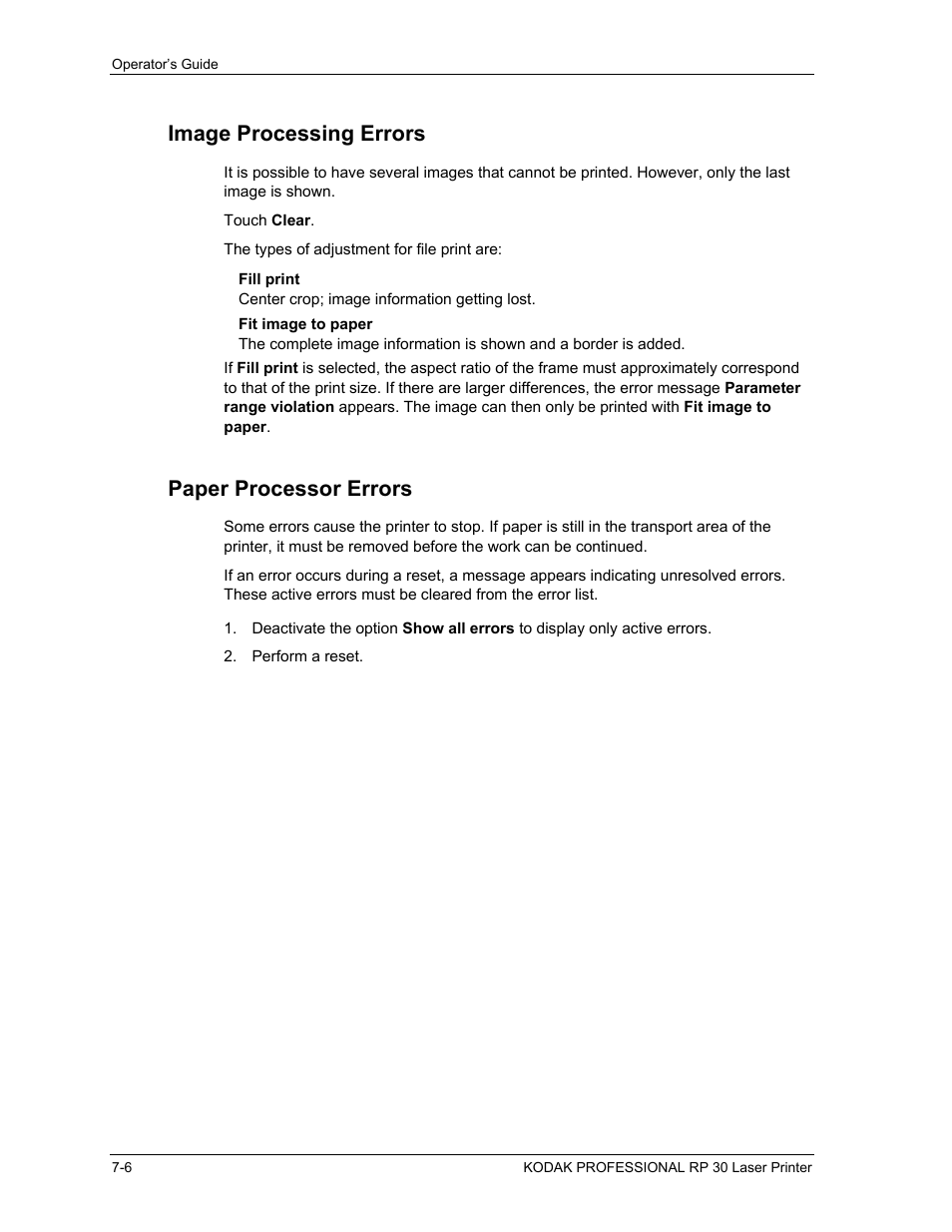 Image processing errors, Paper processor errors, Image processing errors -6 | Paper processor errors -6 | Kodak RP 30 User Manual | Page 176 / 235