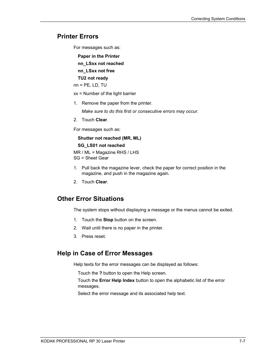 Printer errors, Other error situations, Help in case of error messages | Printer errors -7, Other error situations -7, Help in case of error messages -7 | Kodak RP 30 User Manual | Page 177 / 235