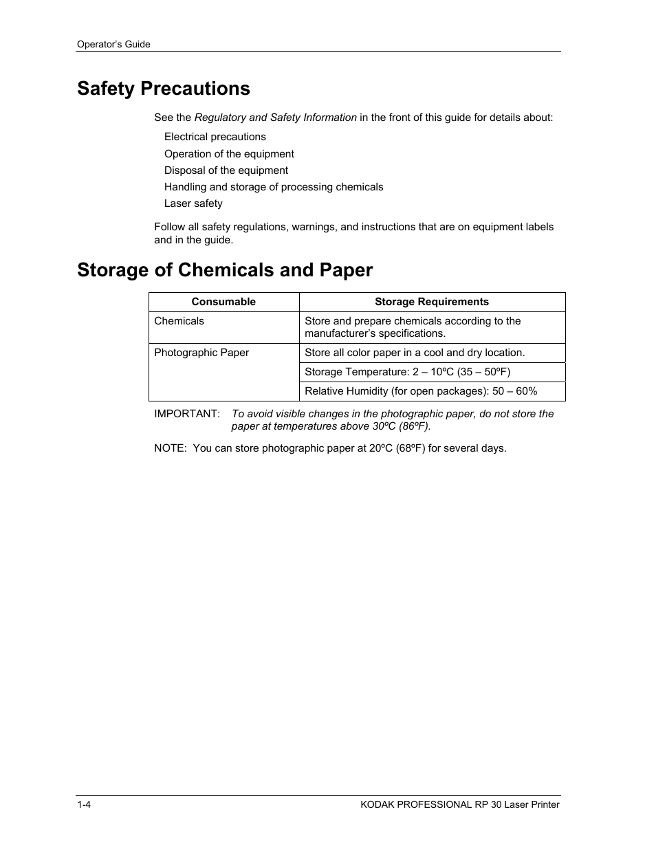 Safety precautions, Storage of chemicals and paper, Safety precautions -4 | Storage of chemicals and paper -4 | Kodak RP 30 User Manual | Page 19 / 235