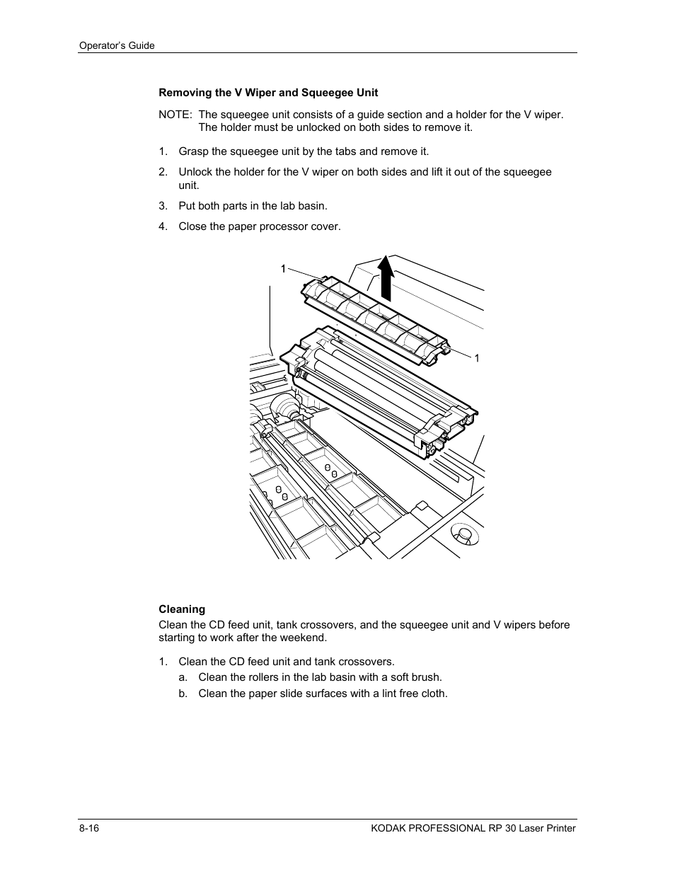 Removing the v wiper and squeegee unit, Cleaning, Removing the v wiper and squeegee unit -16 | Cleaning -16 | Kodak RP 30 User Manual | Page 208 / 235