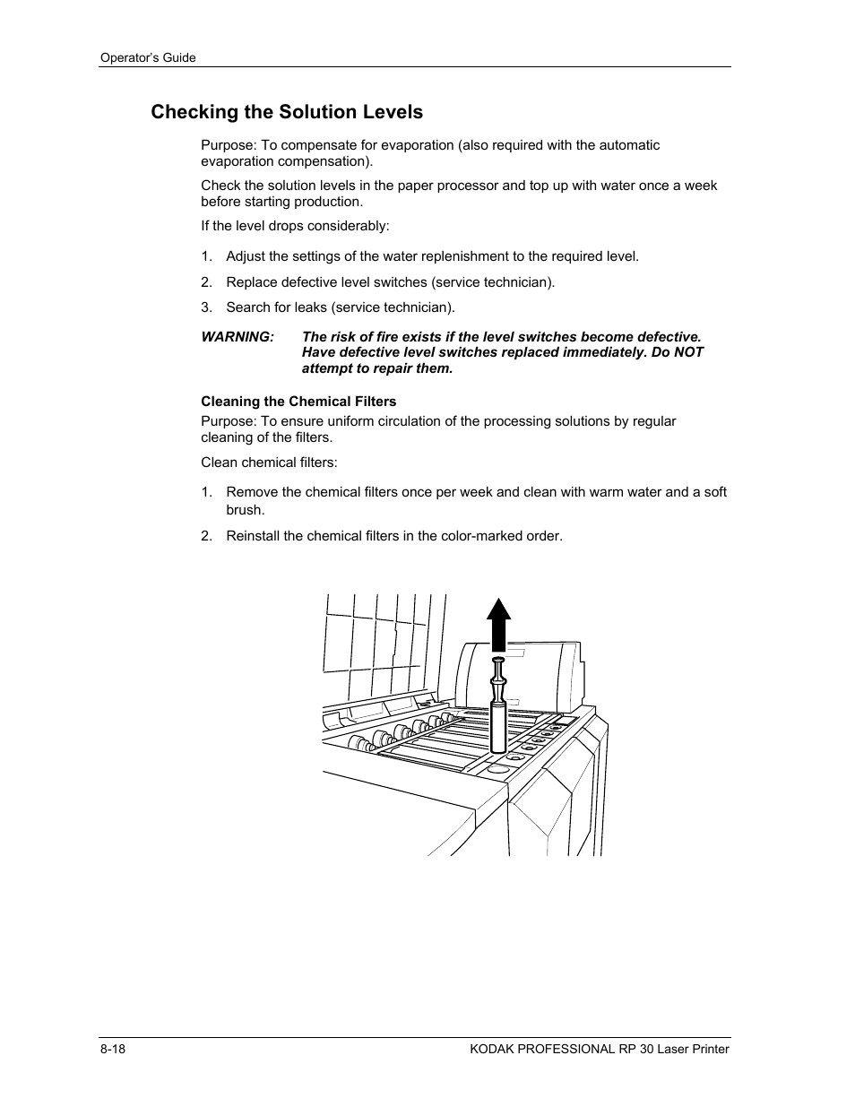 Checking the solution levels, Cleaning the chemical filters, Cleaning the chemical filters -18 | Kodak RP 30 User Manual | Page 210 / 235