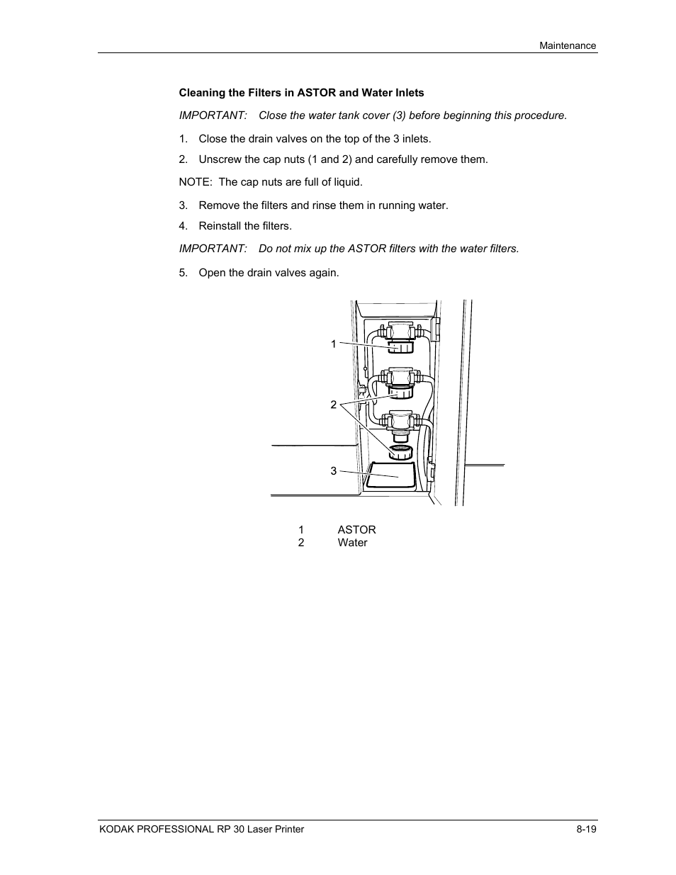 Cleaning the filters in astor and water inlets, Cleaning the filters in astor and water inlets -19 | Kodak RP 30 User Manual | Page 211 / 235