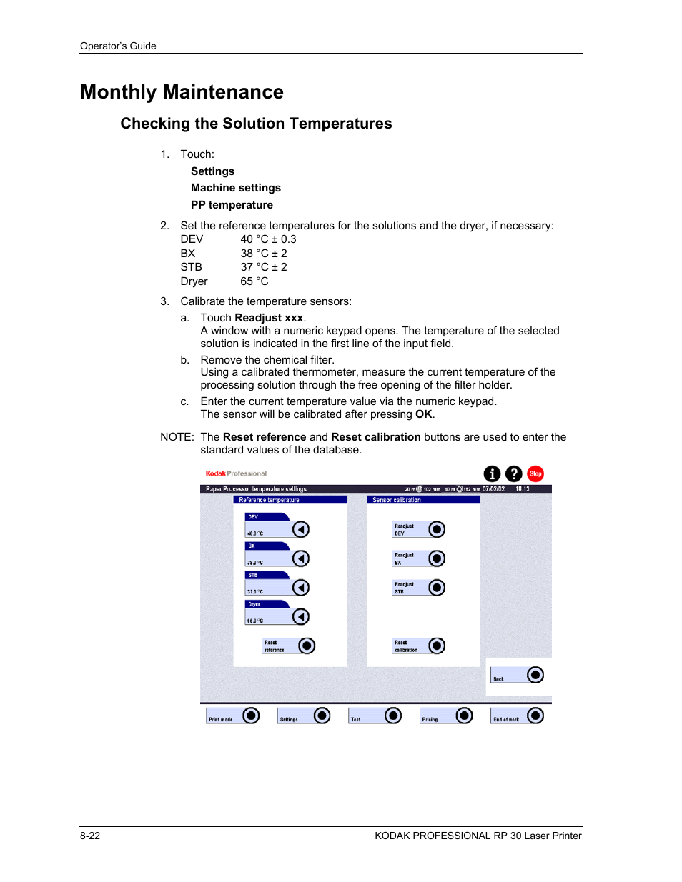 Monthly maintenance, Checking the solution temperatures, Monthly maintenance -22 | Kodak RP 30 User Manual | Page 214 / 235