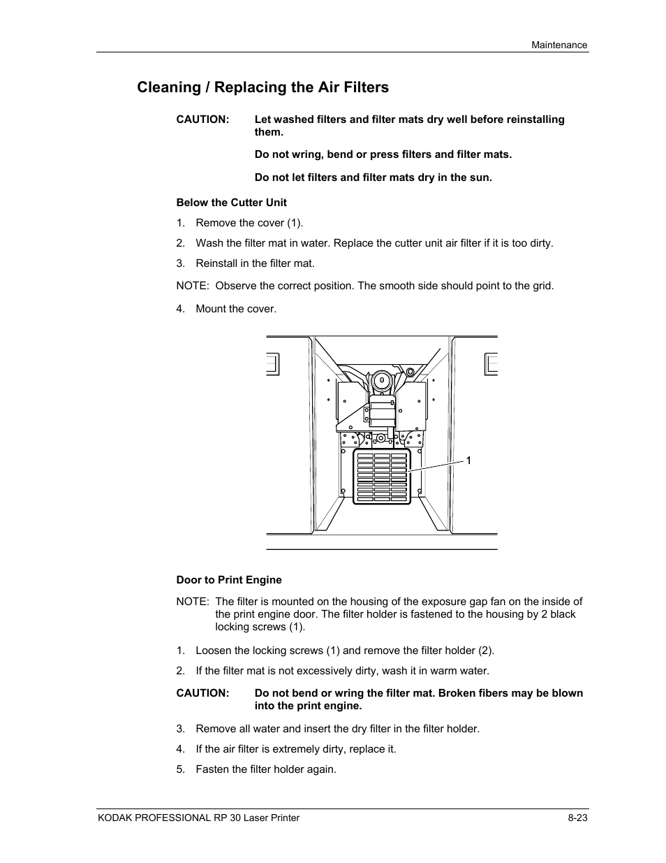 Cleaning / replacing the air filters, Below the cutter unit, Door to print engine | Below the cutter unit -23, Door to print engine -23 | Kodak RP 30 User Manual | Page 215 / 235