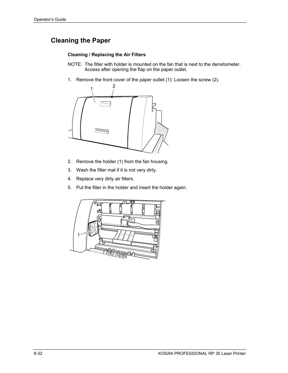 Cleaning the paper, Cleaning / replacing the air filters, Cleaning the paper -32 | Cleaning / replacing the air filters -32 | Kodak RP 30 User Manual | Page 224 / 235