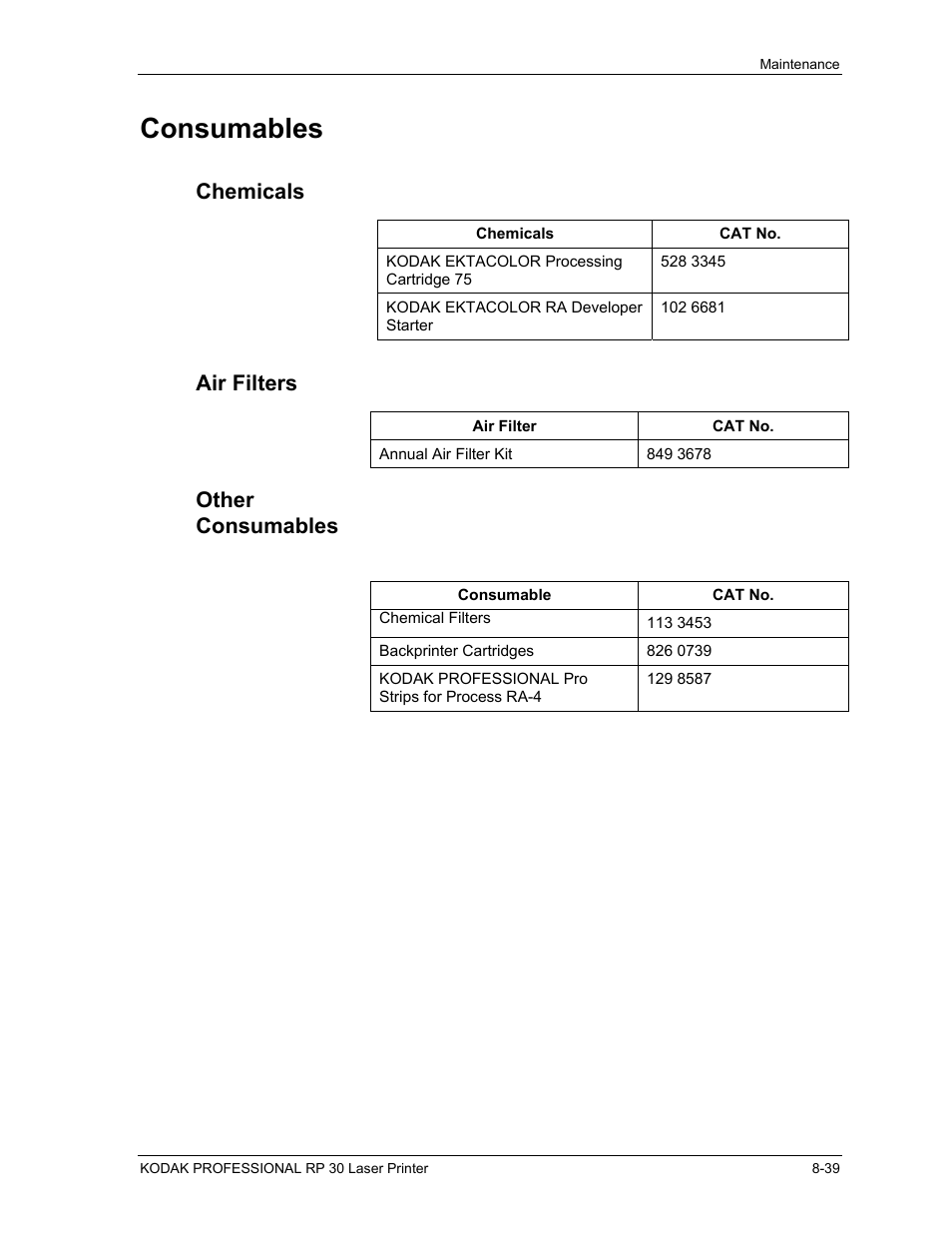 Consumables, Chemicals, Air filters | Other consumables, Consumables -39, Chemicals -39, Air filters -39, Other consumables -39 | Kodak RP 30 User Manual | Page 231 / 235