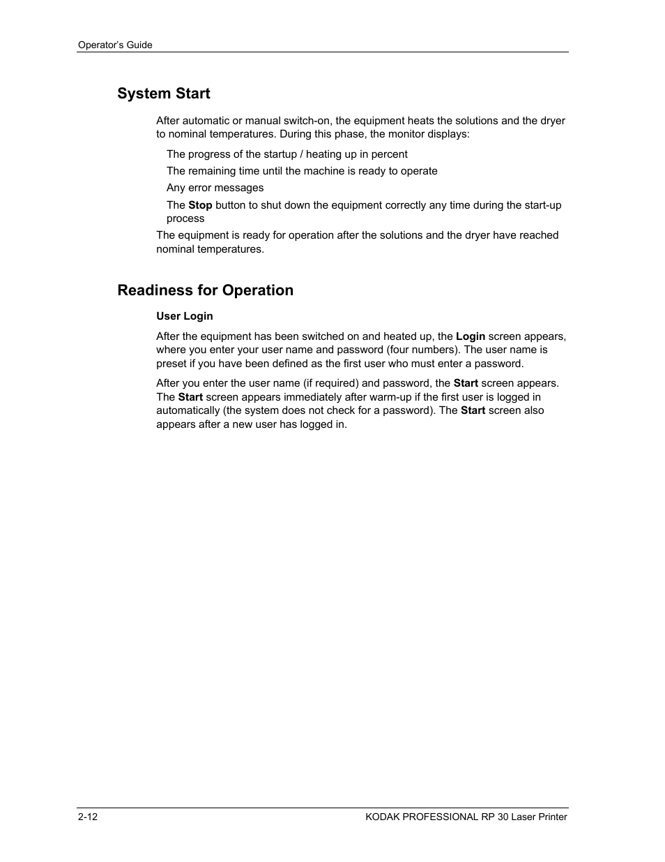 System start, Readiness for operation, User login | System start -12, Readiness for operation -12, User login -12 | Kodak RP 30 User Manual | Page 31 / 235