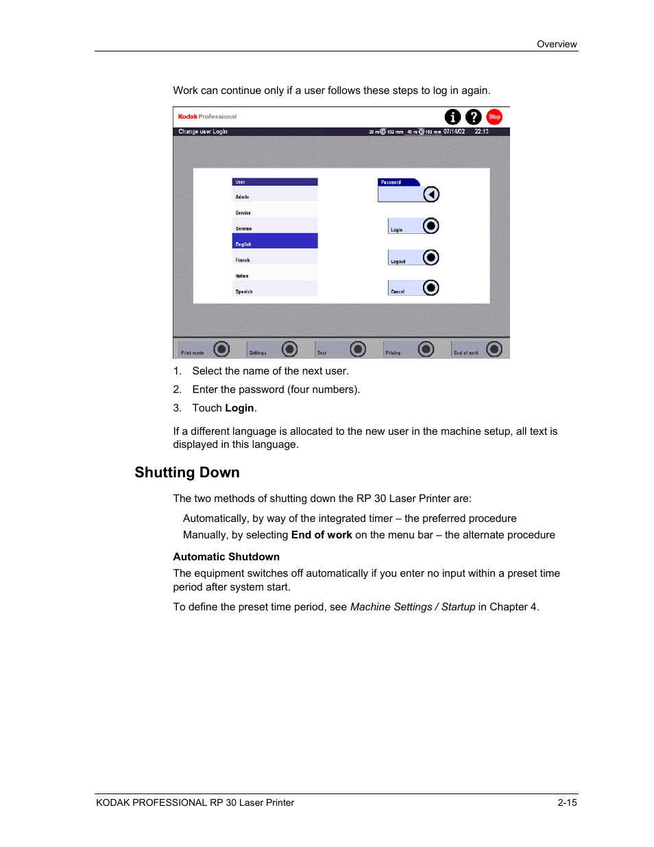 Shutting down, Automatic shutdown, Shutting down -15 | Automatic shutdown -15 | Kodak RP 30 User Manual | Page 34 / 235