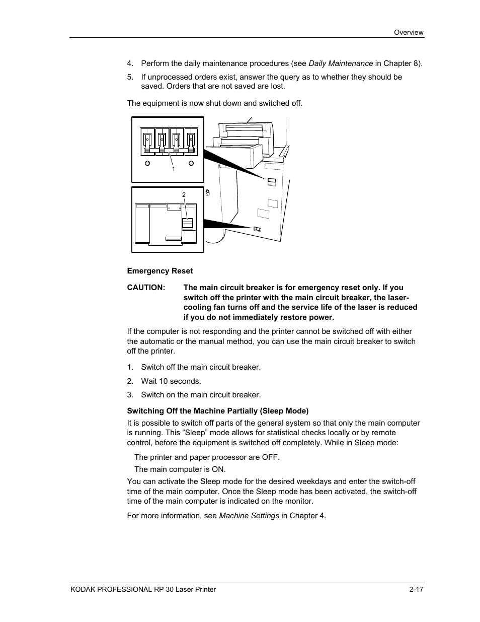 Emergency reset, Switching off the machine partially (sleep mode), Emergency reset -17 | Kodak RP 30 User Manual | Page 36 / 235