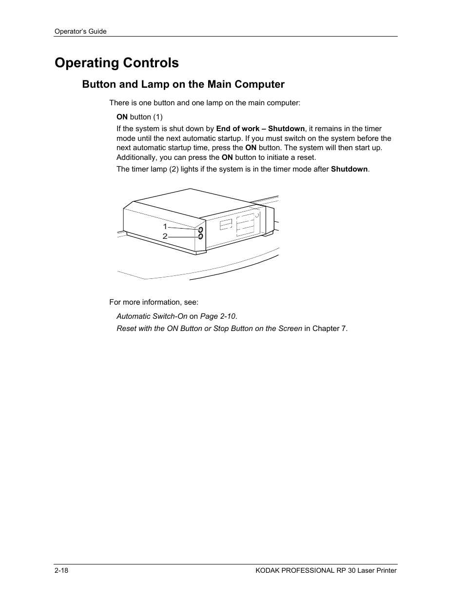 Operating controls, Button and lamp on the main computer, Operating controls -18 | Button and lamp on the main computer -18 | Kodak RP 30 User Manual | Page 37 / 235