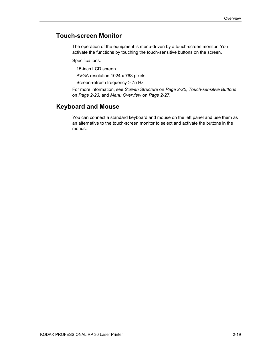 Touch-screen monitor, Keyboard and mouse, Touch-screen monitor -19 | Keyboard and mouse -19 | Kodak RP 30 User Manual | Page 38 / 235