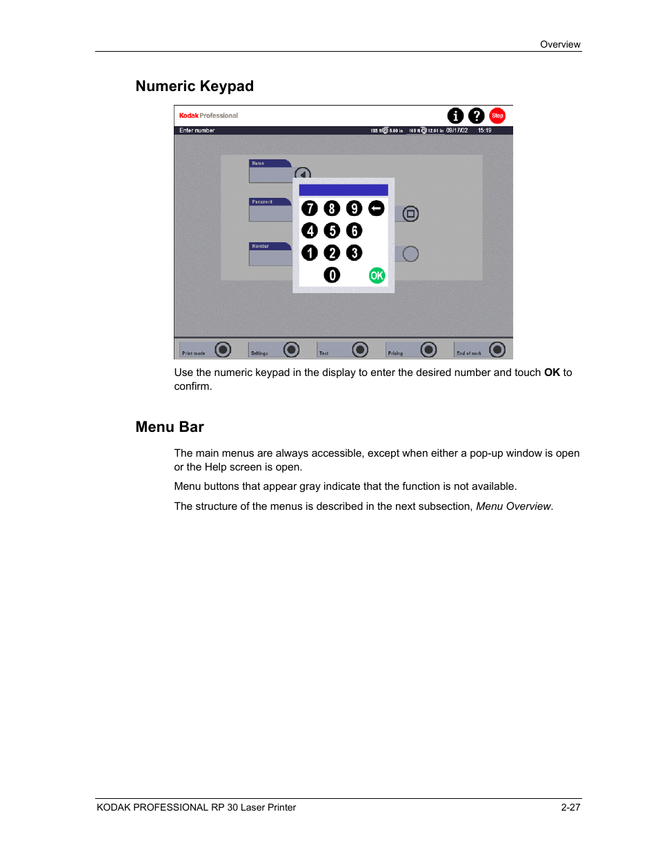 Numeric keypad, Menu bar, Numeric keypad -27 | Menu bar -27 | Kodak RP 30 User Manual | Page 46 / 235