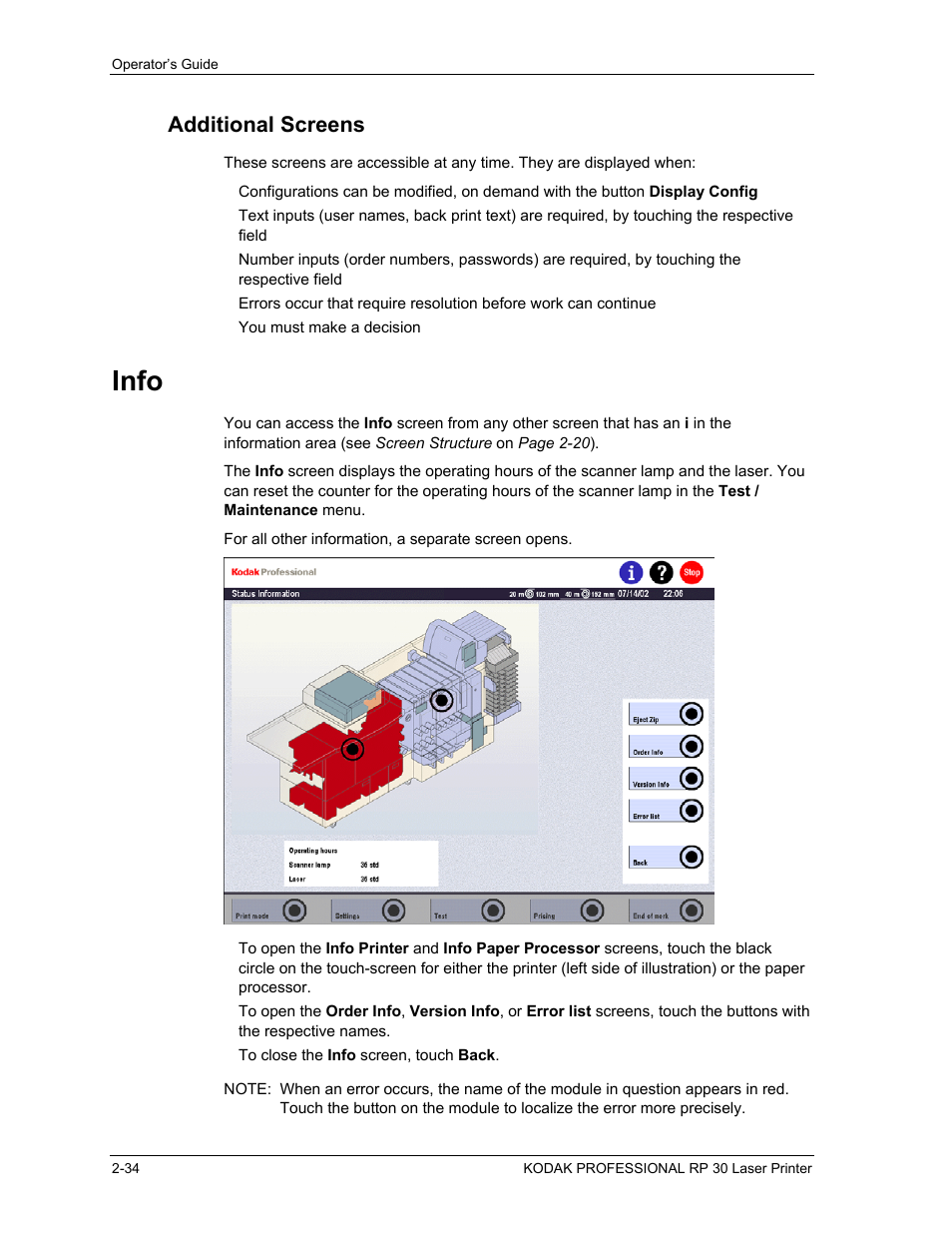 Additional screens, Info, Additional screens -34 | Info -34 | Kodak RP 30 User Manual | Page 53 / 235