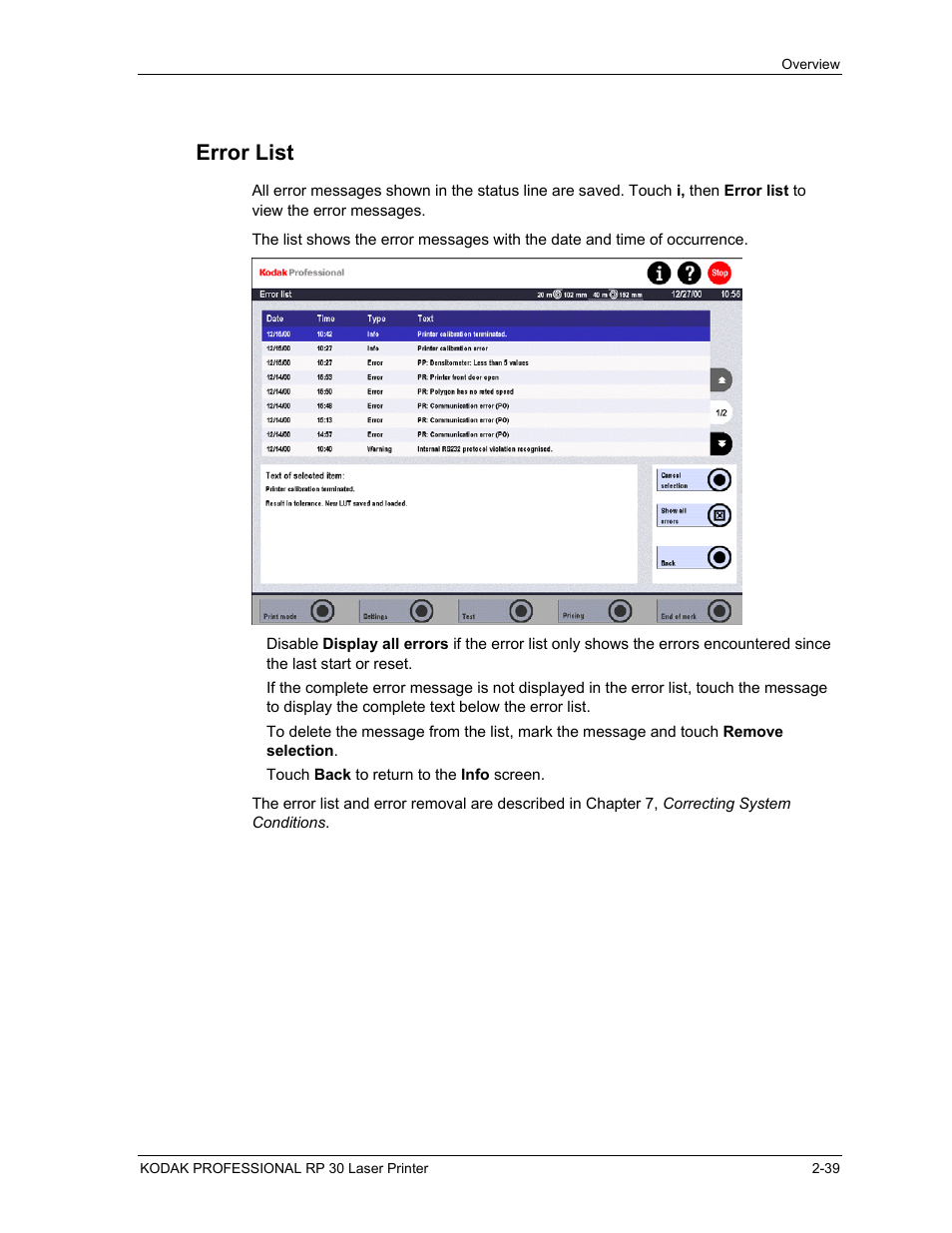 Error list, Error list -39 | Kodak RP 30 User Manual | Page 58 / 235