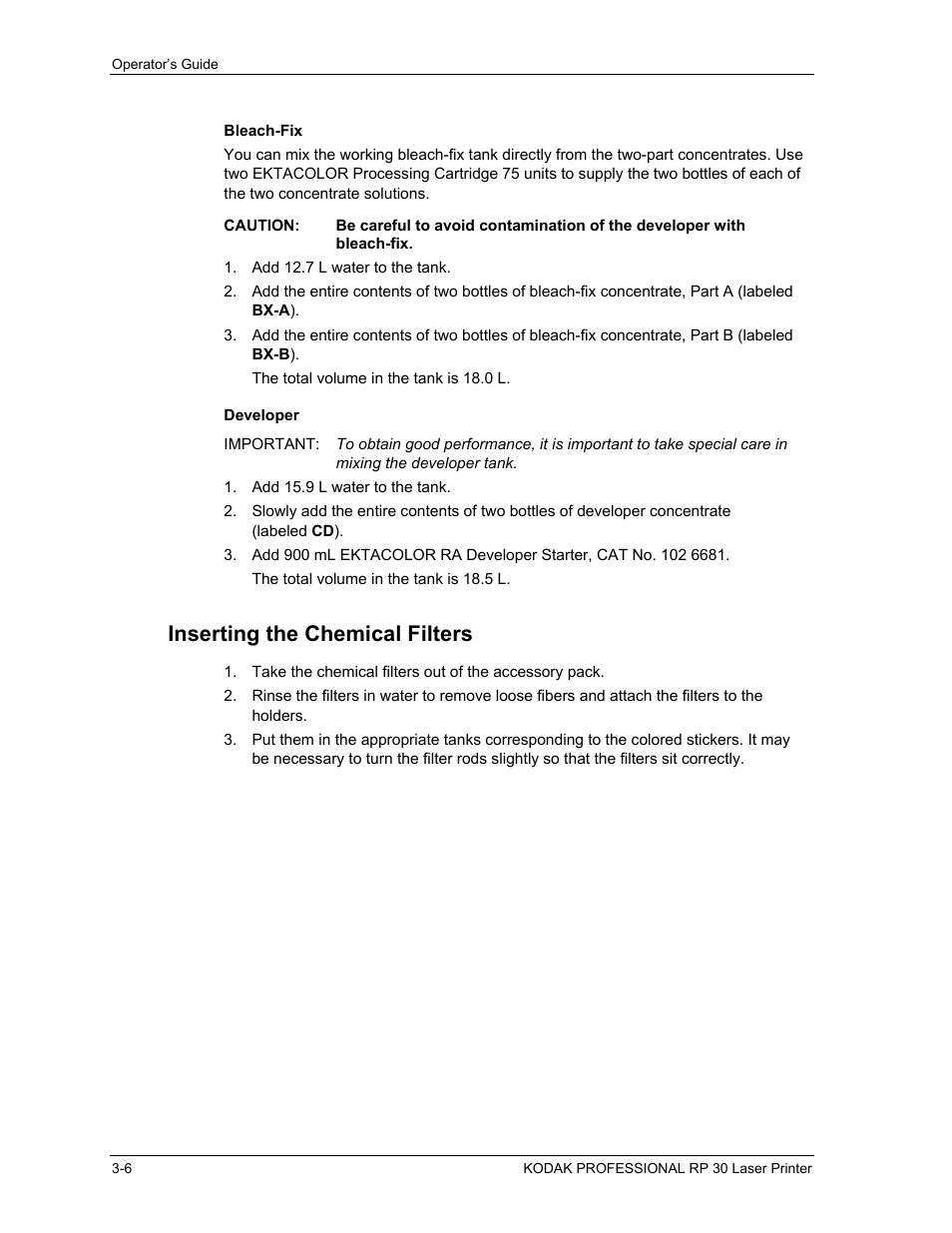 Bleach-fix, Developer, Inserting the chemical filters | Bleach-fix -6, Developer -6, Inserting the chemical filters -6 | Kodak RP 30 User Manual | Page 65 / 235