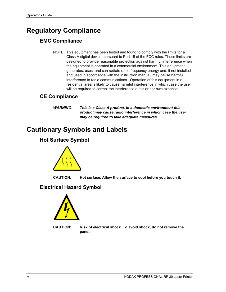 Regulatory compliance, Emc compliance, Ce compliance | Cautionary symbols and labels, Hot surface symbol, Electrical hazard symbol | Kodak RP 30 User Manual | Page 7 / 235