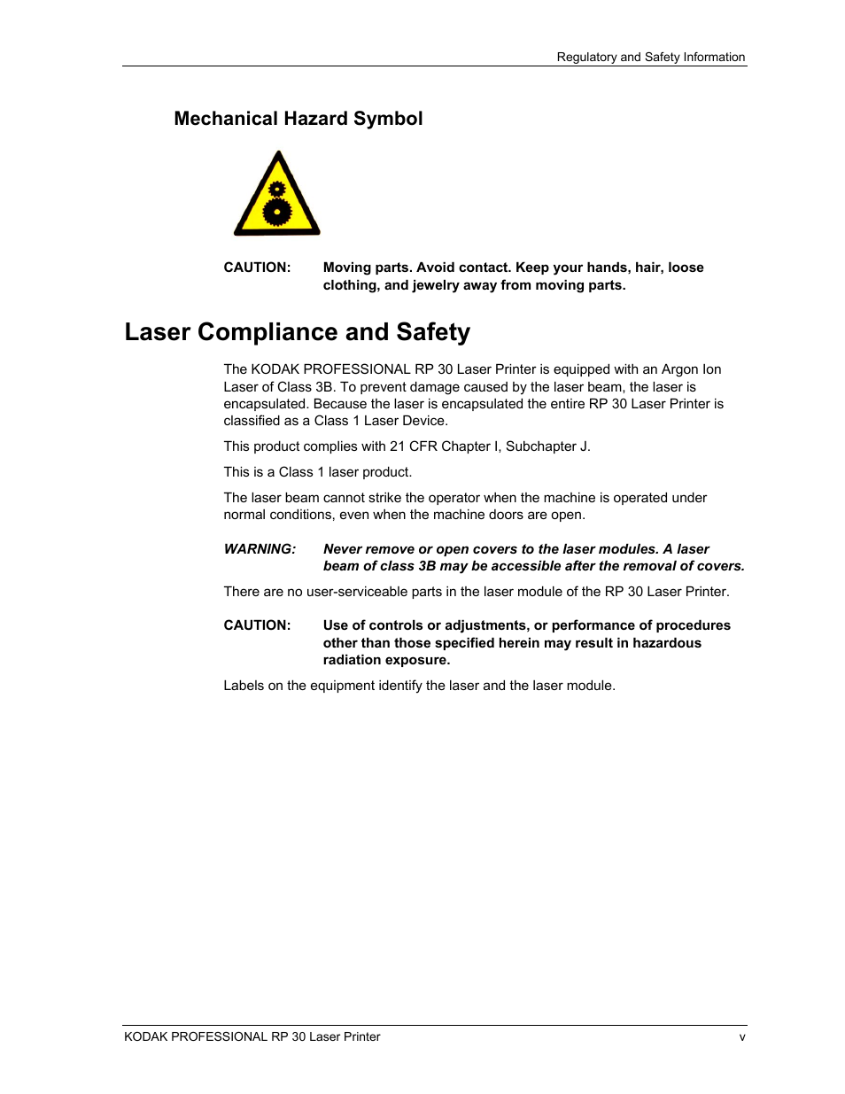 Mechanical hazard symbol, Laser compliance and safety | Kodak RP 30 User Manual | Page 8 / 235