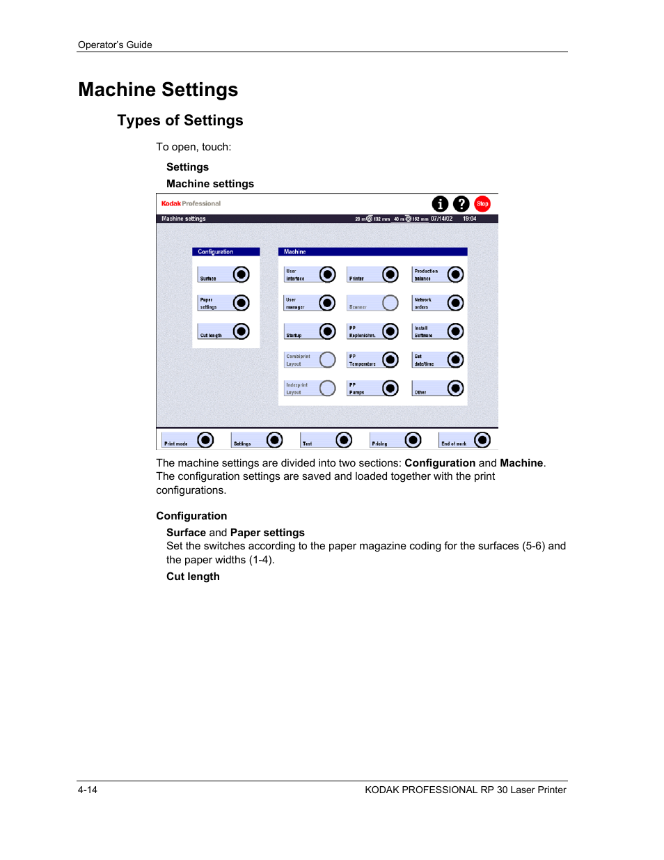 Machine settings, Types of settings, Configuration | Machine settings -14, Types of settings -14, Configuration -14 | Kodak RP 30 User Manual | Page 81 / 235