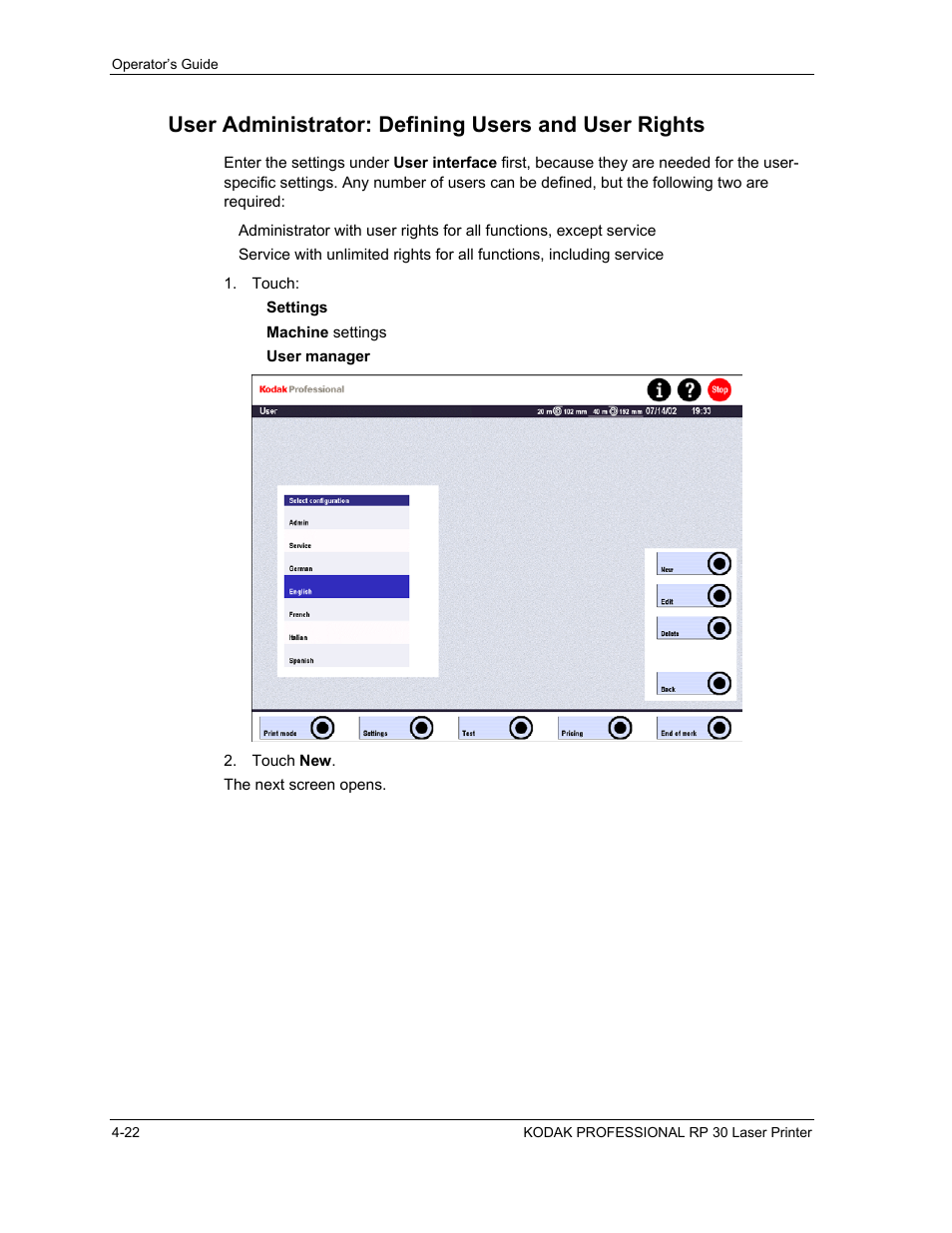 User administrator: defining users and user rights | Kodak RP 30 User Manual | Page 89 / 235