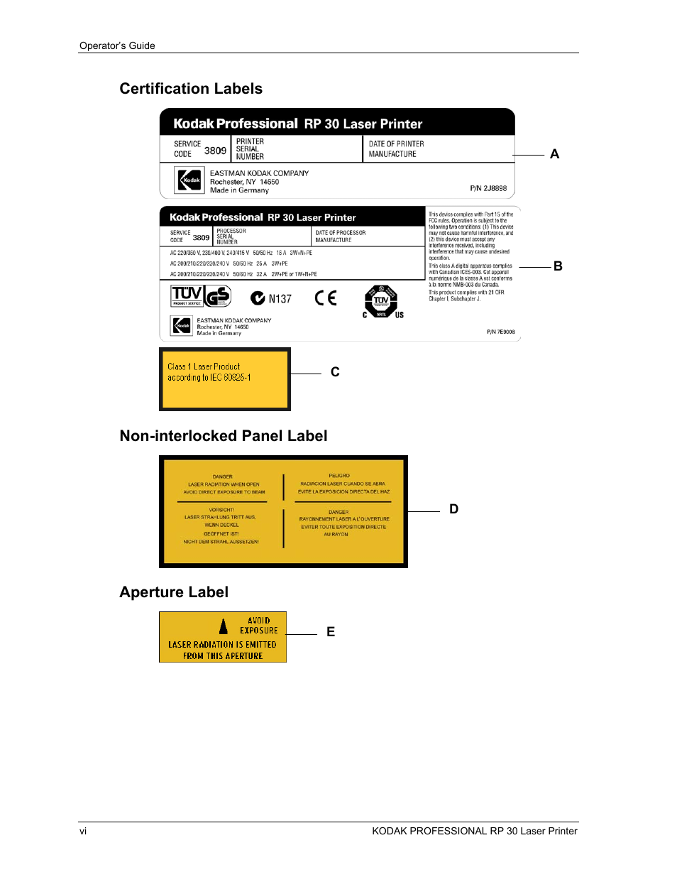 Certification labels, Non-interlocked panel label, Aperture label | Kodak RP 30 User Manual | Page 9 / 235