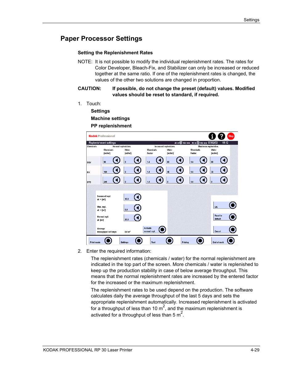 Paper processor settings, Setting the replenishment rates, Paper processor settings -29 | Setting the replenishment rates -29 | Kodak RP 30 User Manual | Page 96 / 235