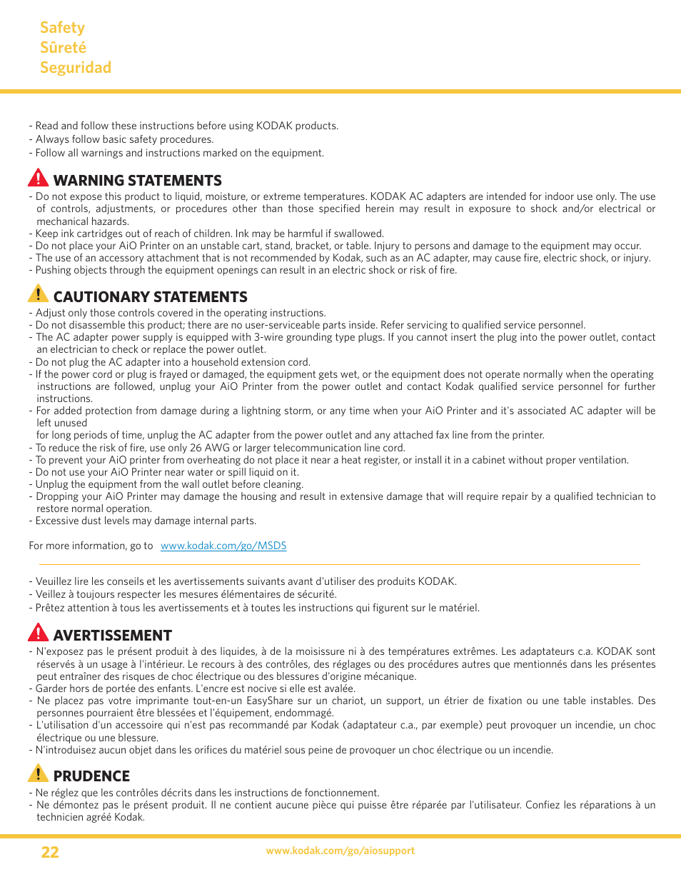 Safety sûreté seguridad, Warning statements, Cautionary statements | Avertissement, Prudence | Kodak 5100 User Manual | Page 22 / 28