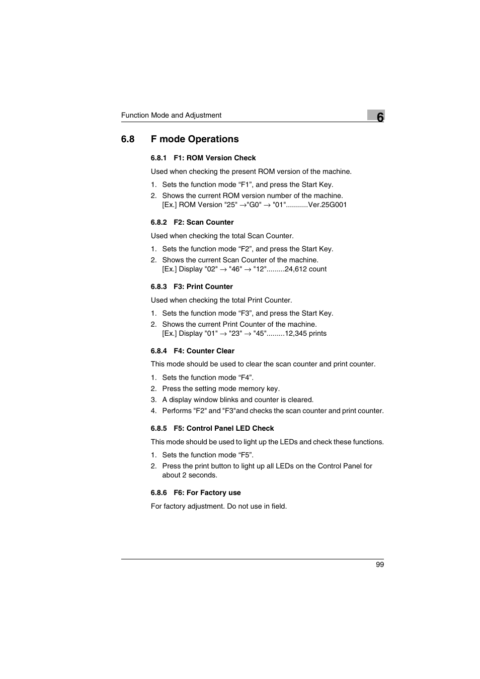 8 f mode operations, 1 f1: rom version check, 2 f2: scan counter | 3 f3: print counter, 4 f4: counter clear, 5 f5: control panel led check, 6 f6: for factory use | Kodak 2400DSV User Manual | Page 106 / 131