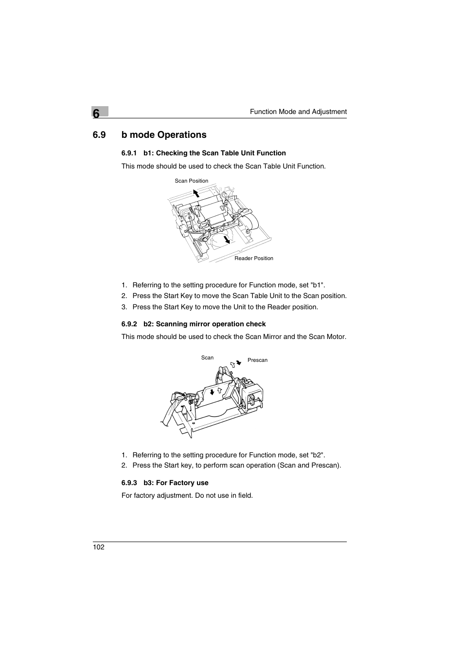 9 b mode operations, 1 b1: checking the scan table unit function, 2 b2: scanning mirror operation check | 3 b3: for factory use, 7 image troubleshooting | Kodak 2400DSV User Manual | Page 109 / 131