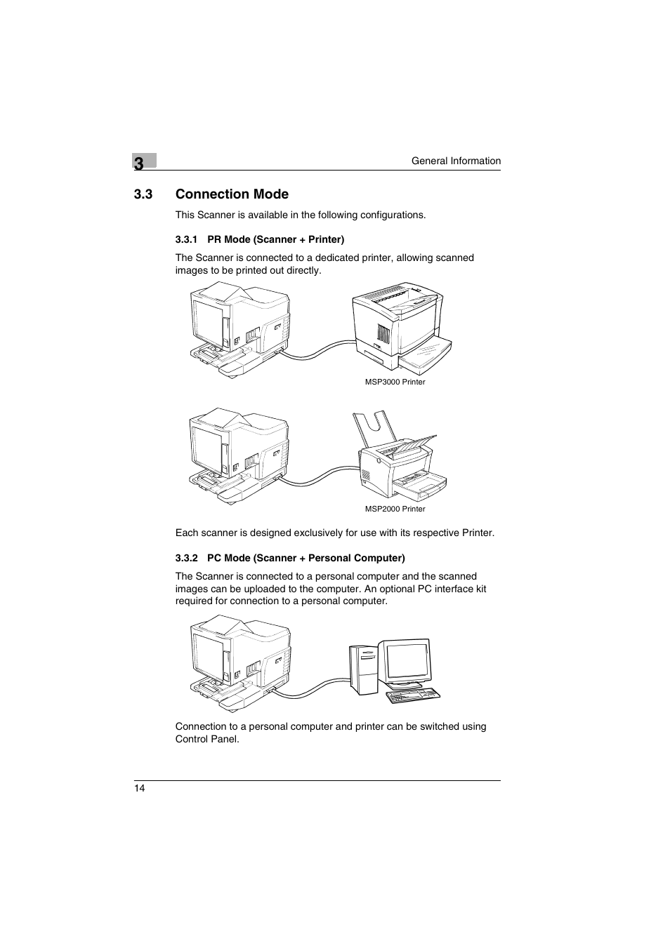3 connection mode, 1 pr mode (scanner + printer), 2 pc mode (scanner + personal computer) | Kodak 2400DSV User Manual | Page 21 / 131