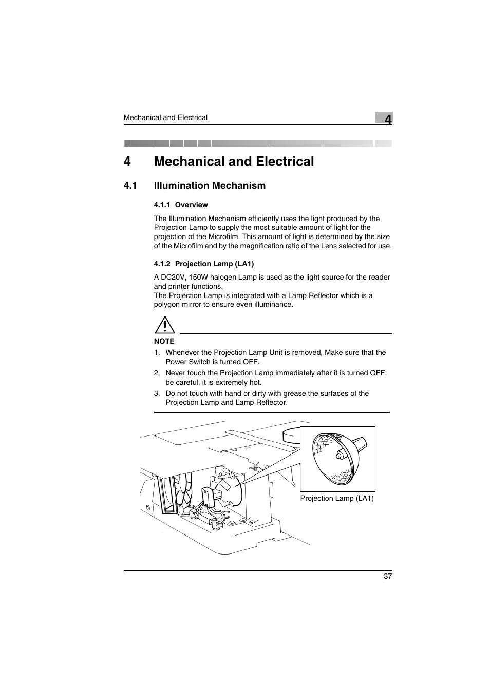 4 mechanical and electrical, 1 illumination mechanism, 1 overview | 2 projection lamp (la1), Mechanical and electrical, 1 overview 4.1.2 projection lamp (la1), 4mechanical and electrical | Kodak 2400DSV User Manual | Page 44 / 131