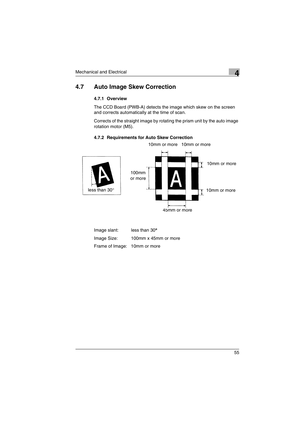 7 auto image skew correction, 1 overview, 2 requirements for auto skew correction | Kodak 2400DSV User Manual | Page 62 / 131