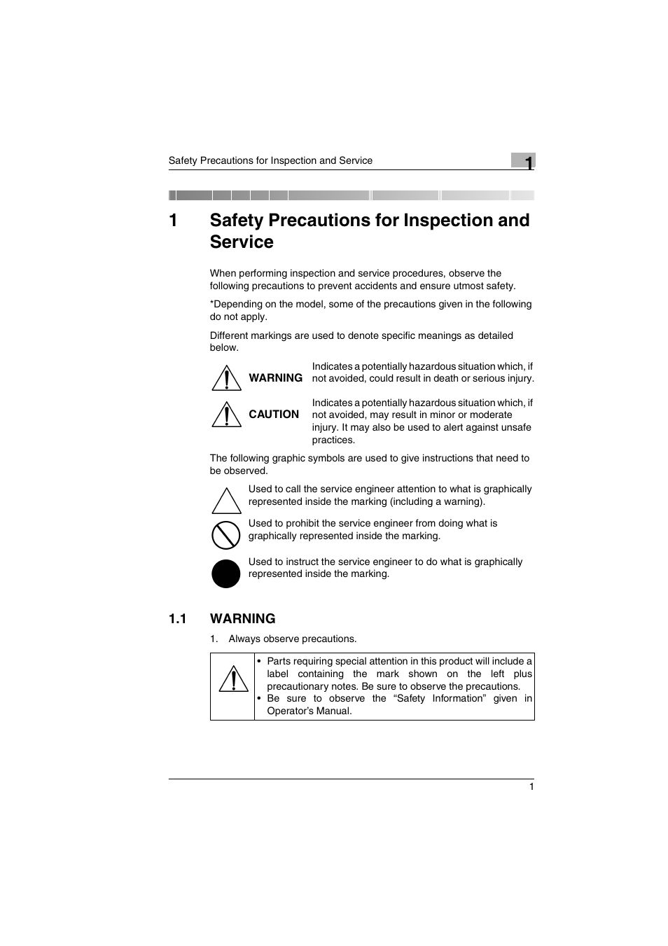 1 safety precautions for inspection and service, 1 warning, Safety precautions for inspection and service | 1safety precautions for inspection and service | Kodak 2400DSV User Manual | Page 8 / 131