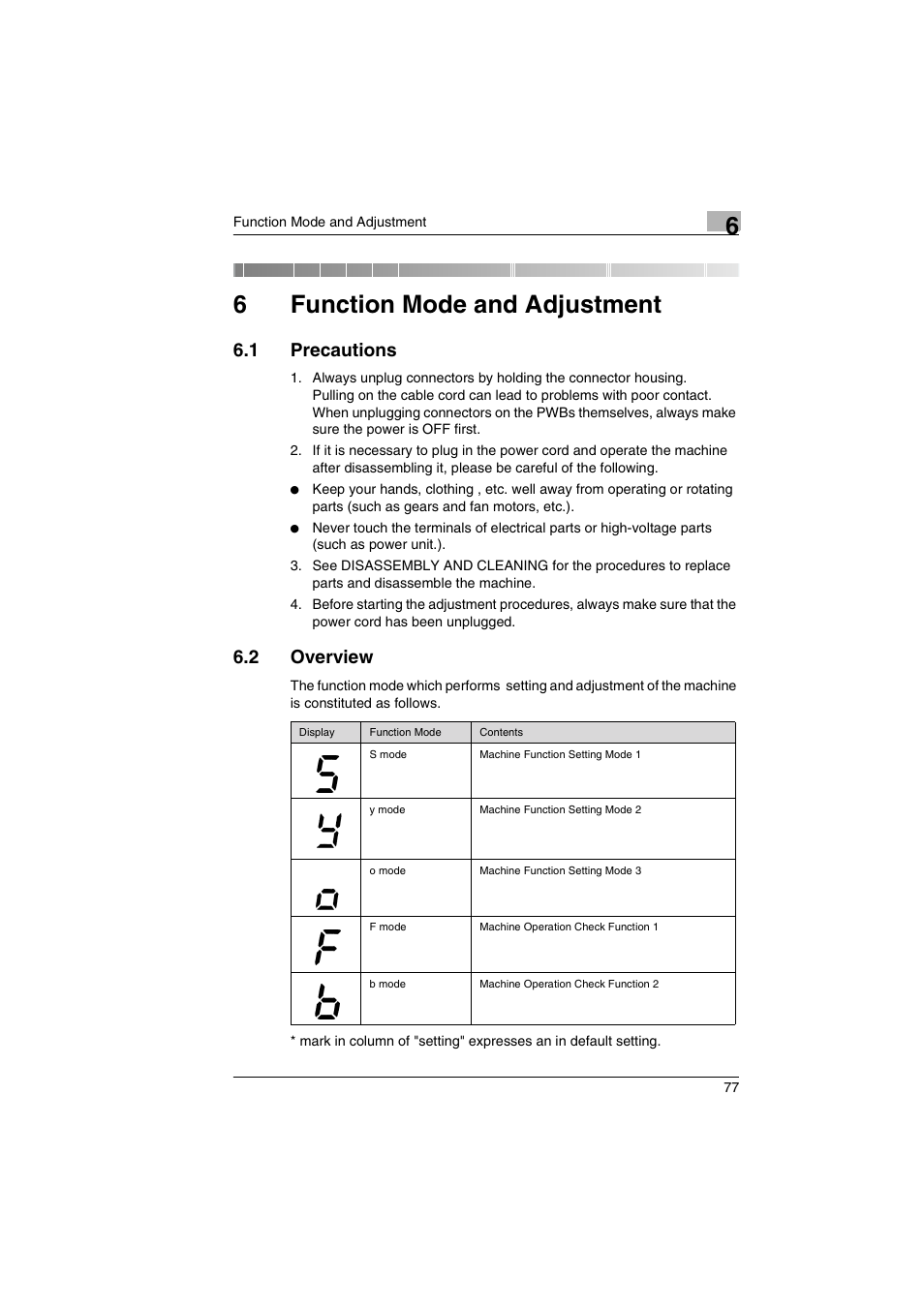 6 function mode and adjustment, 1 precautions, 2 overview | Function mode and adjustment, 6function mode and adjustment | Kodak 2400DSV User Manual | Page 84 / 131