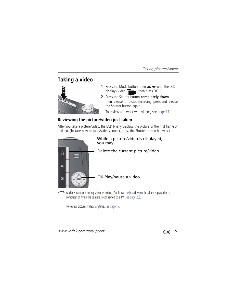 Taking a video, Reviewing the picture/video just taken | Kodak EASYSHARE C142 User Manual | Page 11 / 64