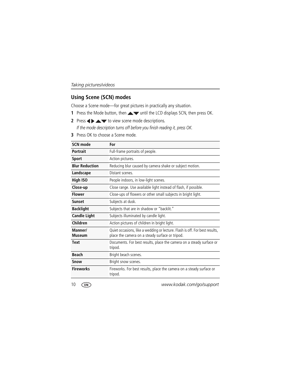 Using scene (scn) modes, Ation. (see | Kodak EASYSHARE C142 User Manual | Page 16 / 64