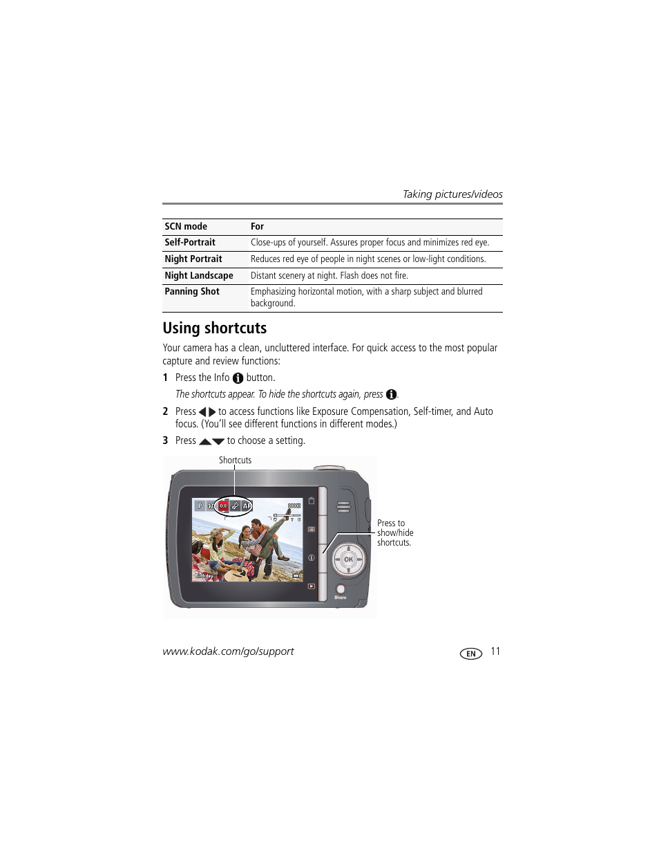 Using shortcuts | Kodak EASYSHARE C142 User Manual | Page 17 / 64