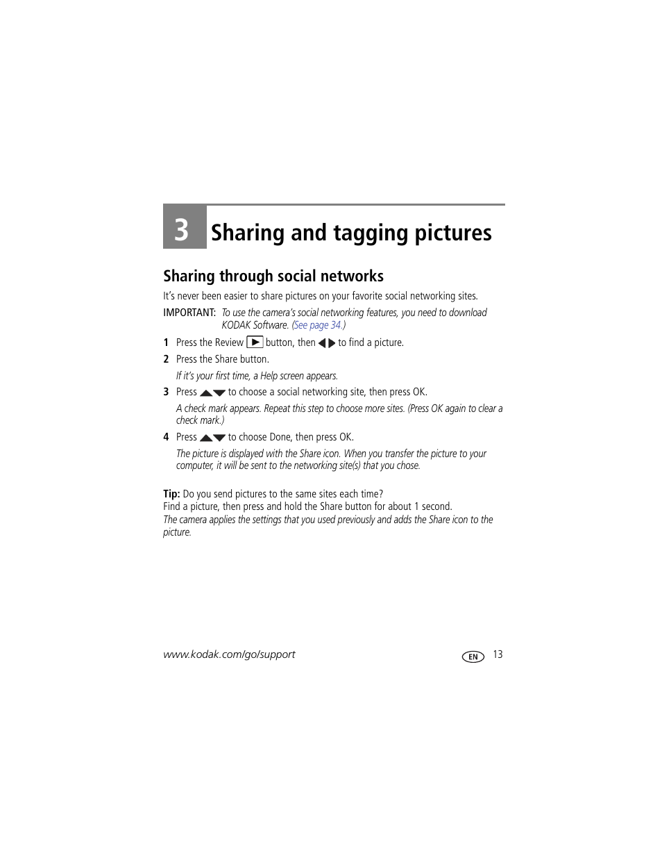 Sharing and tagging pictures, Sharing through social networks, 3 sharing and tagging pictures | Kodak EASYSHARE C142 User Manual | Page 19 / 64
