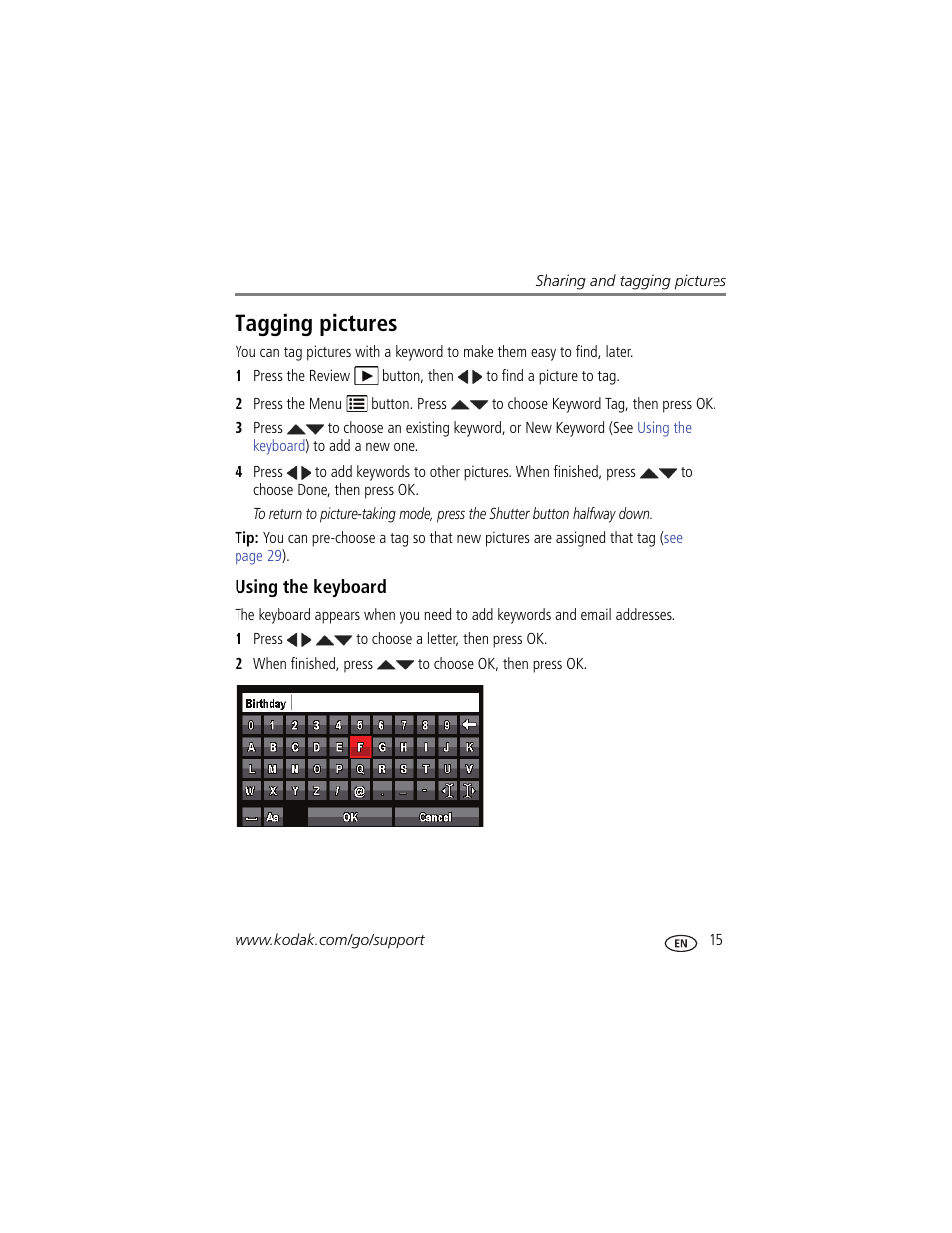 Tagging pictures, Using the keyboard | Kodak EASYSHARE C142 User Manual | Page 21 / 64