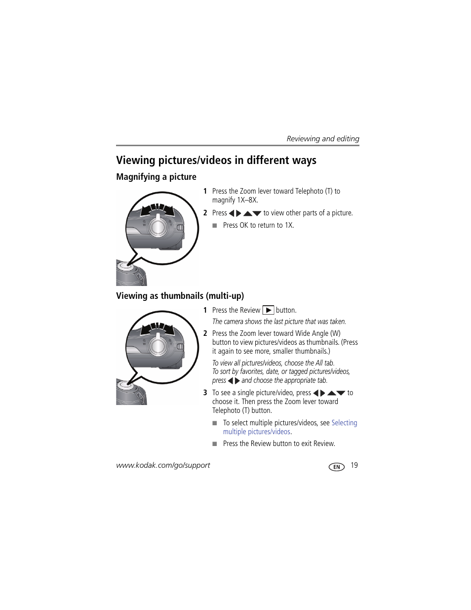 Viewing pictures/videos in different ways, Magnifying a picture, Viewing as thumbnails (multi-up) | Kodak EASYSHARE C142 User Manual | Page 25 / 64