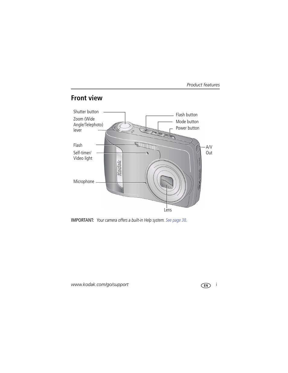 Product features, Front view | Kodak EASYSHARE C142 User Manual | Page 3 / 64