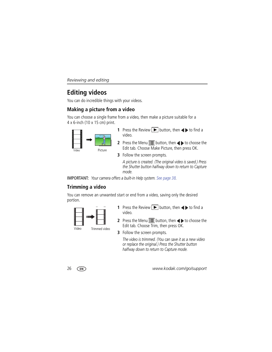 Editing videos, Making a picture from a video, Trimming a video | Kodak EASYSHARE C142 User Manual | Page 32 / 64