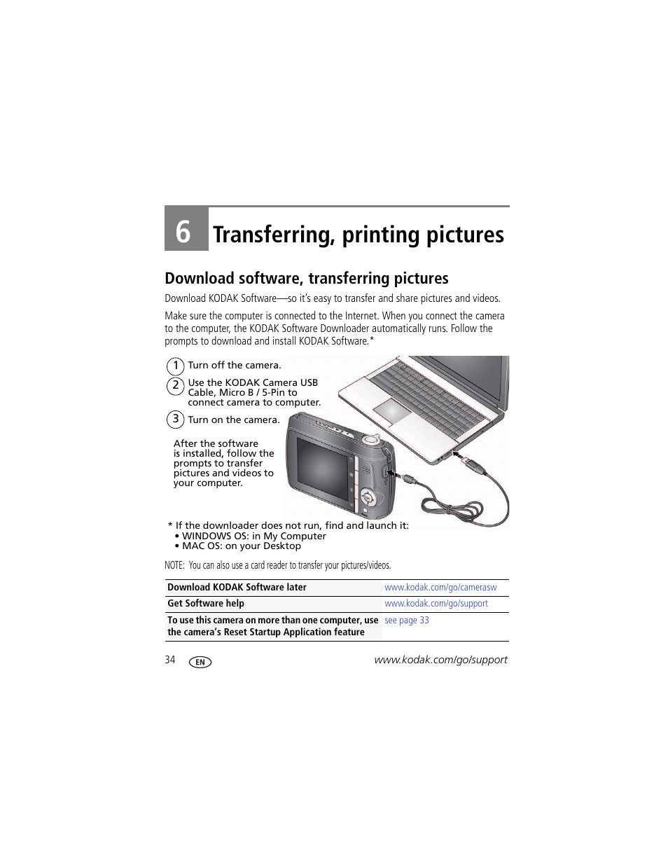 Transferring, printing pictures, Download software, transferring pictures, 6 transferring, printing pictures | Kodak EASYSHARE C142 User Manual | Page 40 / 64